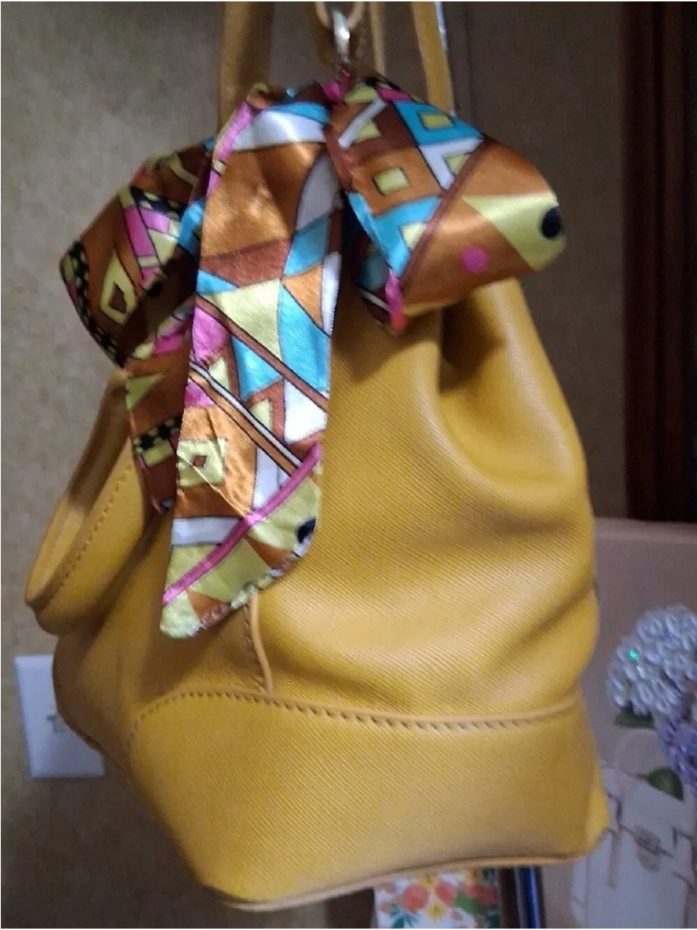 Tory Burch Yellow Leather Shoulder Tote with Patterned Scarf Accent